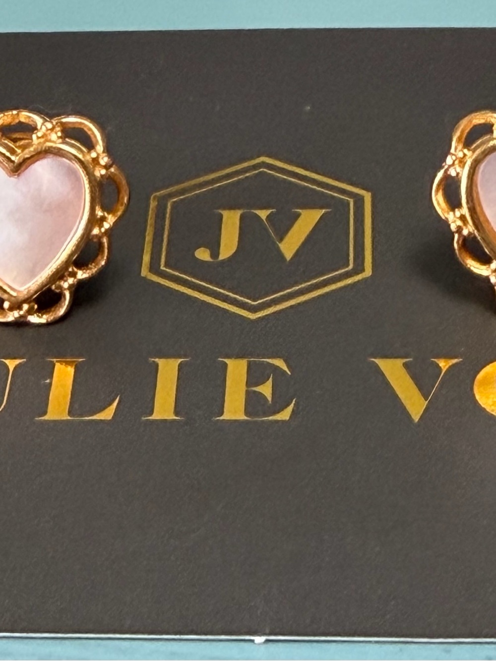 Julie's Gold Heart Stud Earrings with Pink Inlay